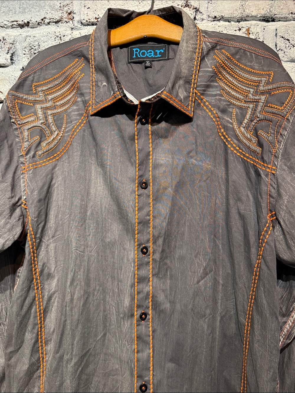 Roar Signature Gray Button-Up Shirt with Orange Contrast Stitching